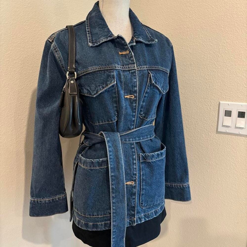 Mango Dark Blue Denim Belted Jean Jacket